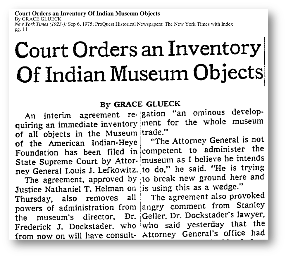 Newspaper article titled 'Court Orders an Inventory of Indian Museum Objects'