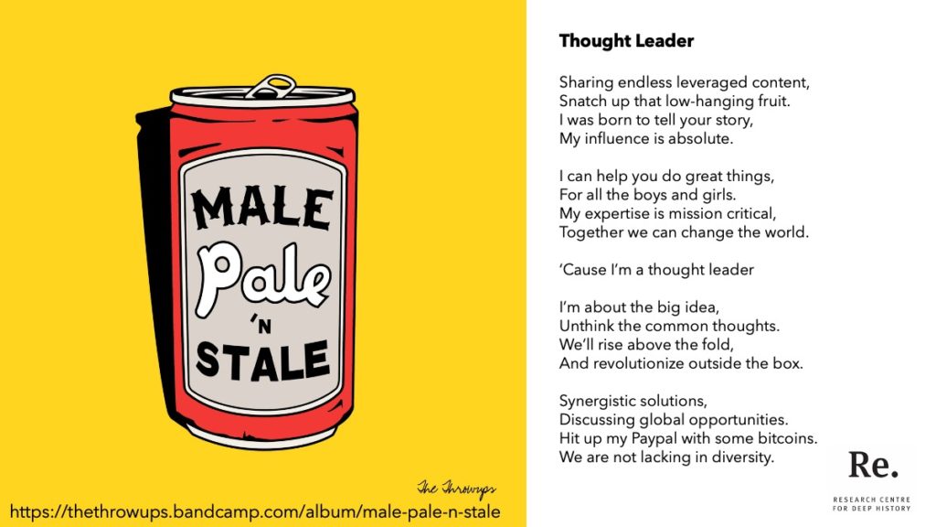 Cartoon image of a drink can with 'Male, Pale 'n Stale' written on it, accompanied by the lyrics to the song Thought Leader.