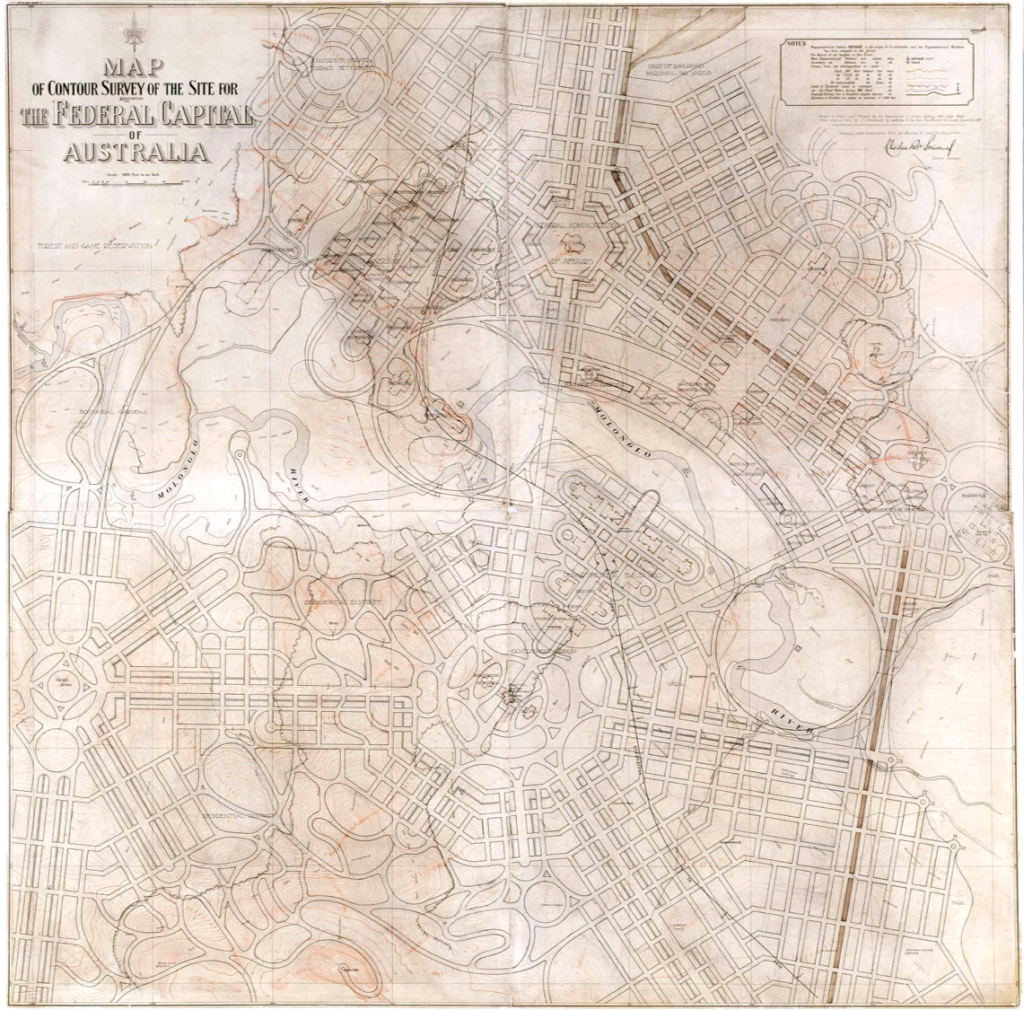 Plan for Canberra drawn in black ink over a topographical map