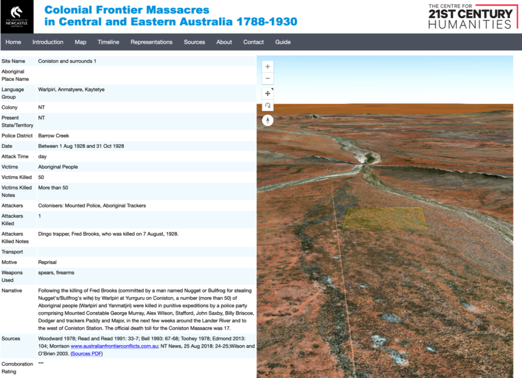 Screenshot of the entry for the Coniston massacre from the Colonial Frontier Massacres site with text on the left hand side and a digital image of landscape on the other