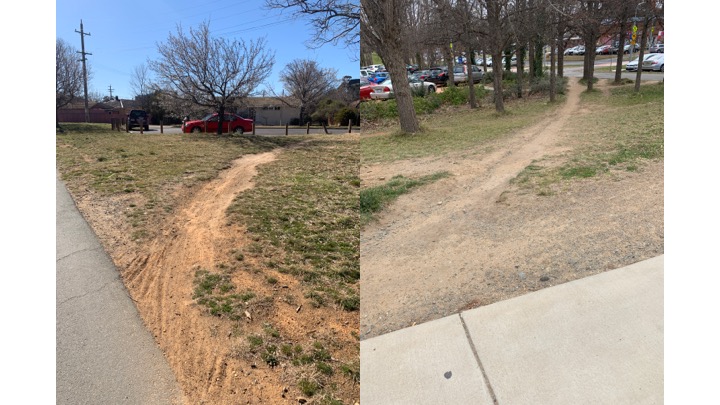 Dirt pathways worn into grassed areas in suburban Canberra
