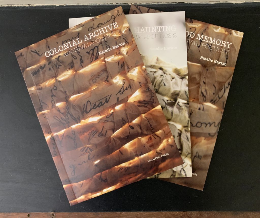 An image of the covers of the three volumes of Natalie Harkin's Archival Poetics featuring close-up images of items woven from copies of handwritten archival records
