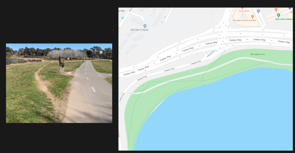 A photograph of a path worn in the grass by Lake Burley Griffin and a map view of the same area featuring a dotted line to indicate the same path