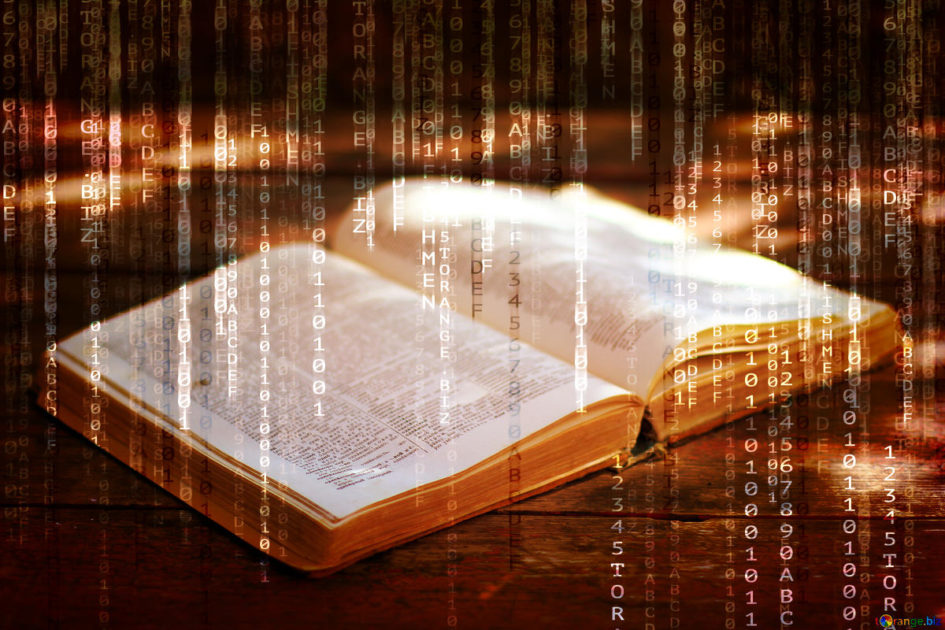 Book with digital characters cascading down over the image