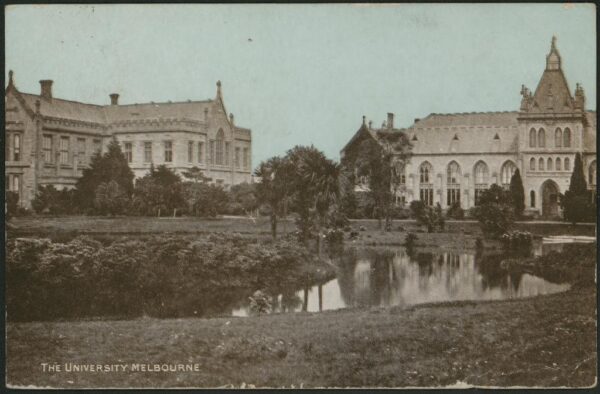 1905 postcard of University of Melbourne showing two standstone buildings and a lake.
